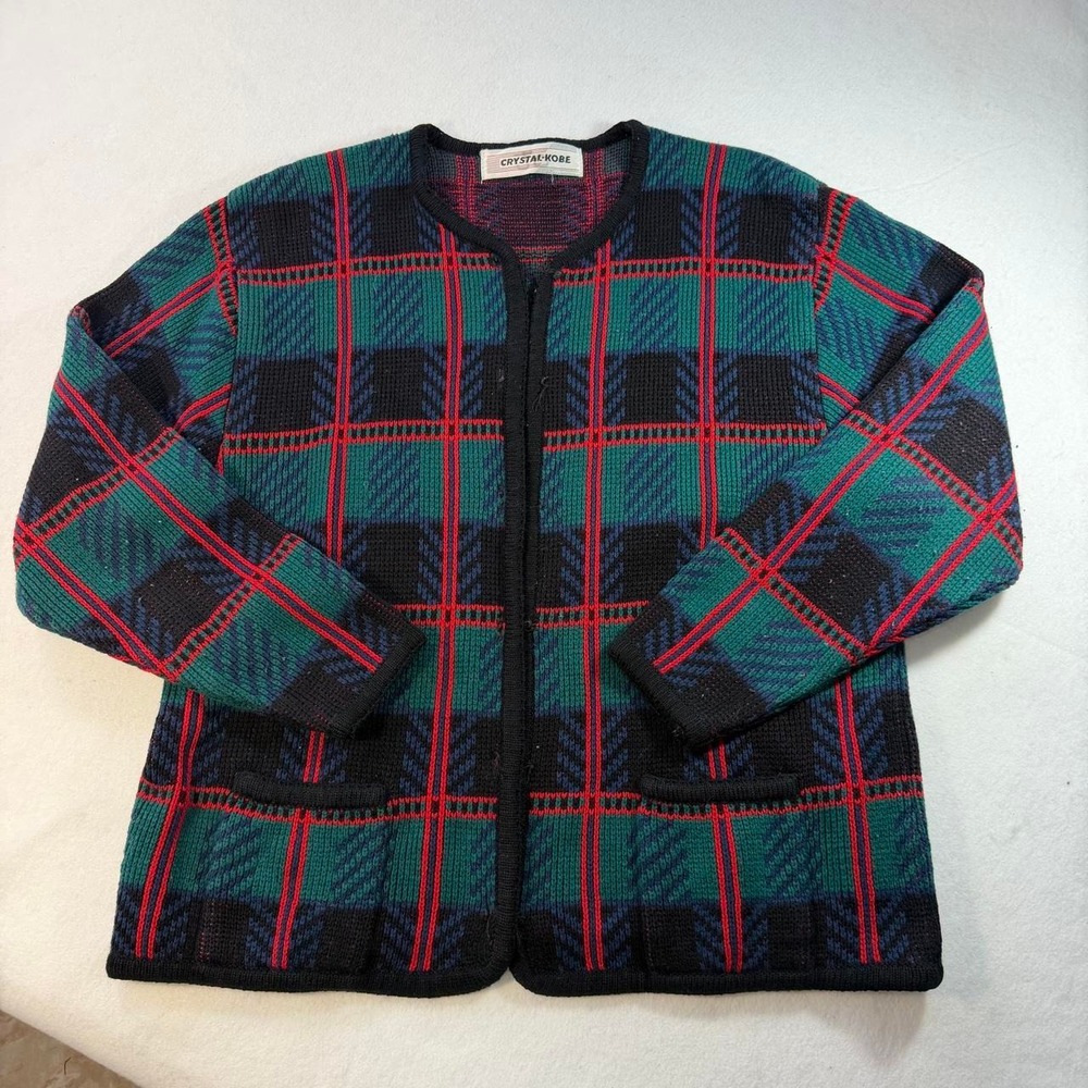 Vintage Crystal-Kobe Tartan Plaid Knit Cardigan Green Red 80s 90s Size L/XL